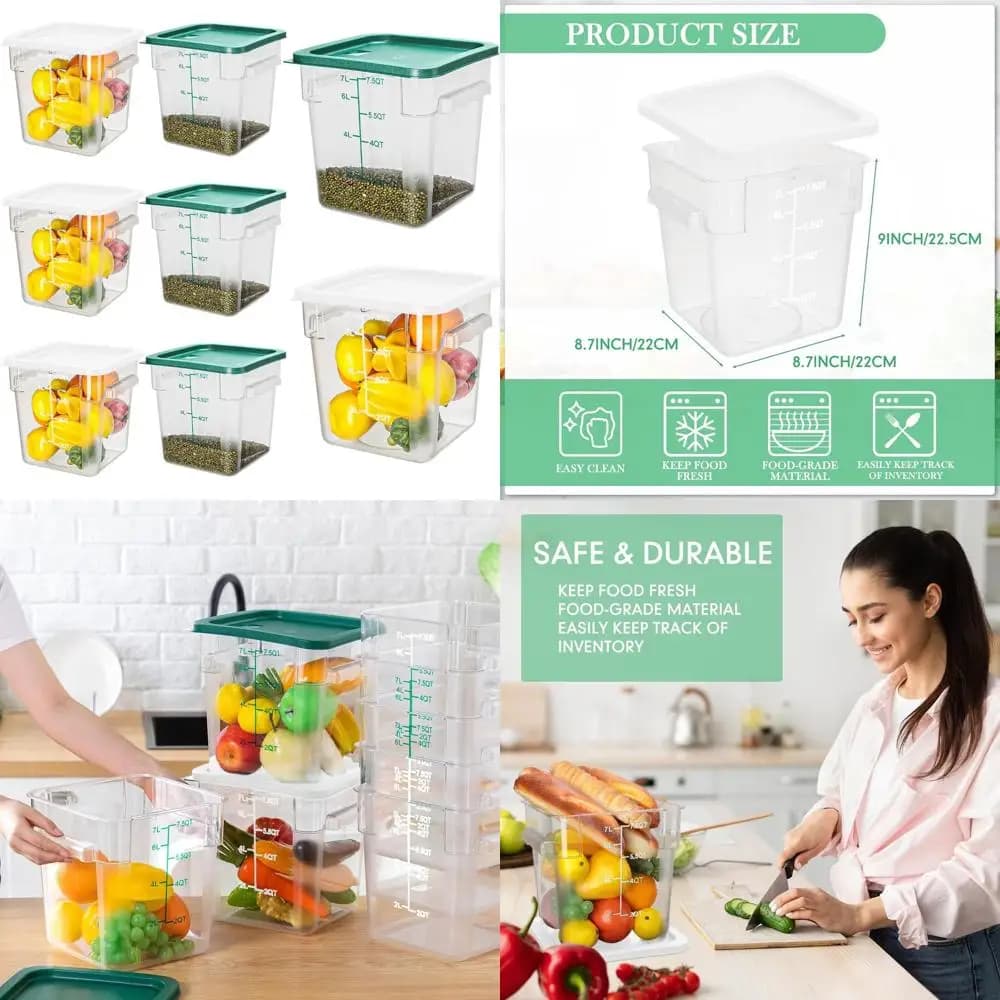 Set di 8 Contenitori per Alimenti Trasparenti da 8-Qt con Manici, Coperchi e Chiusura Ermetica per Uso Commerciale e Domestico (Verde, Bianco)