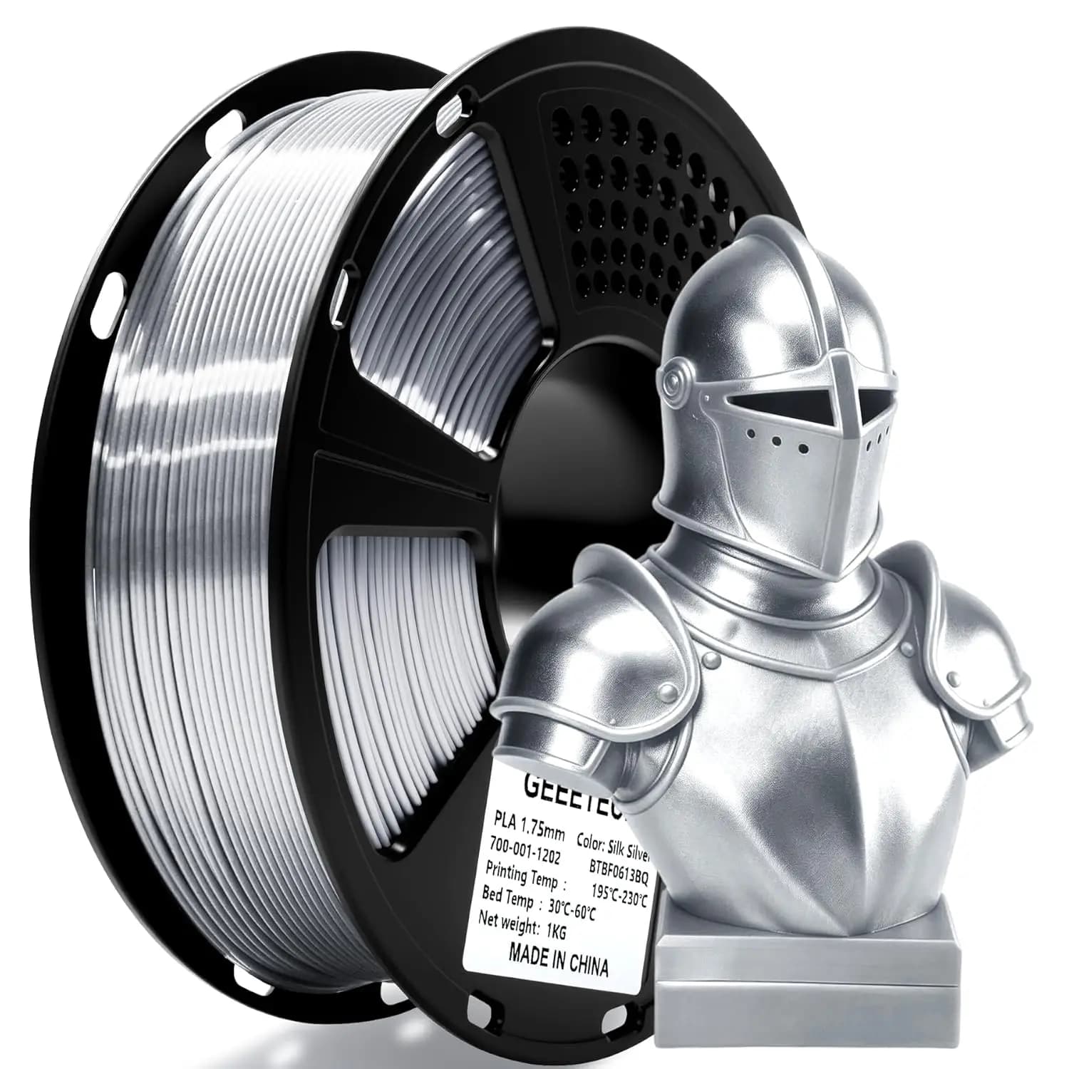 Filamento PLA Seta 1.75mm per Stampante 3D, Argento Metallizzato Lucido, Bobina da 1kg, Precisione Dimensionale +/- 0.02mm, Anti-Deformazione