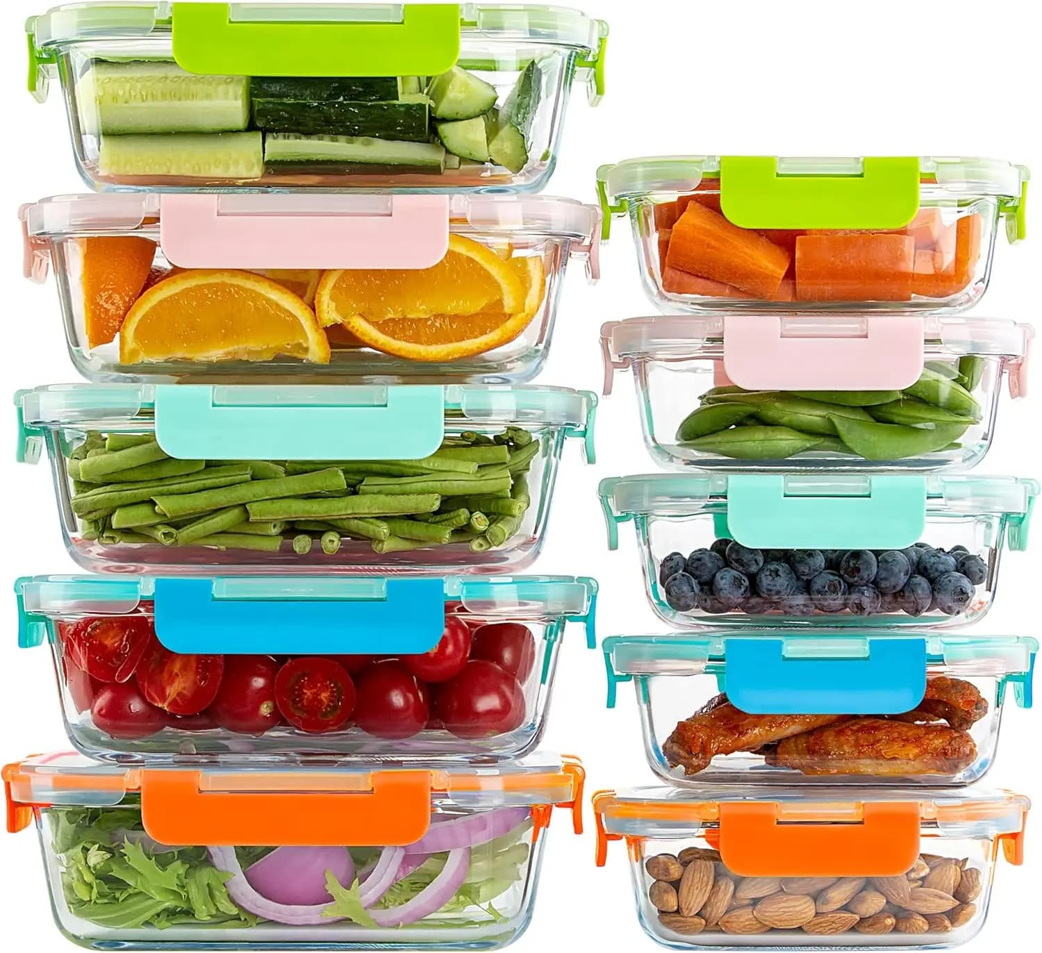 Set di 10 Contenitori in Vetro Ermetici per Alimenti con Coperchi, Ideali per Pranzo e Avanzi, Lavabili in Lavastoviglie