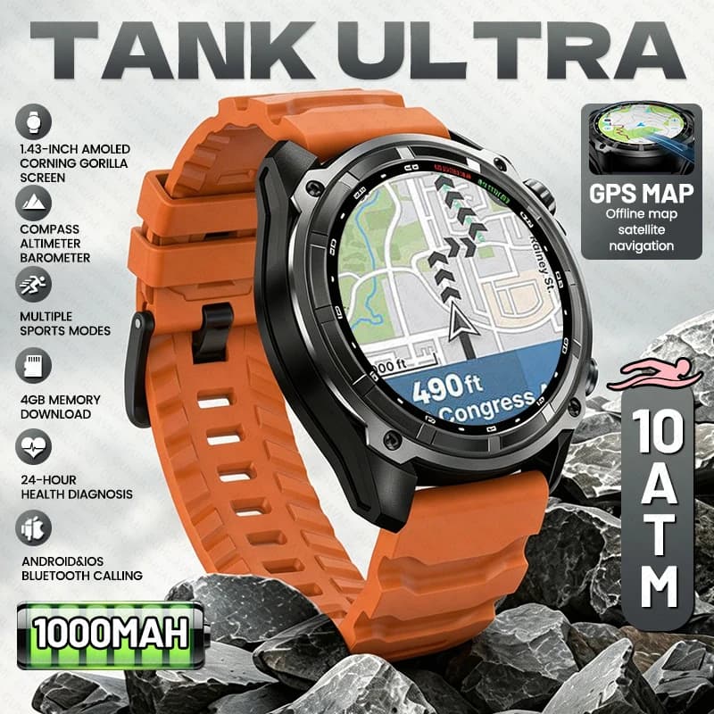 Nuovo Smartwatch Originale TANK Ultra GPS con Mappa, 4GB RAM, Batteria 1000mAh, Altimetro, Impermeabile 10ATM, Display AMOLED HD, Chiamate BT per Uomo