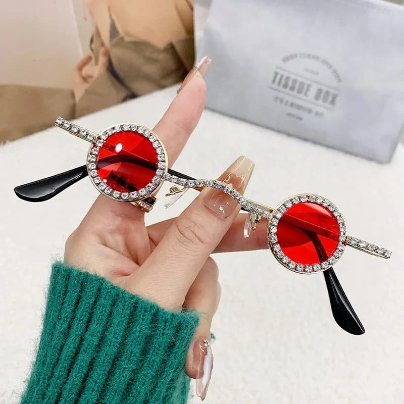KAMMPT Luxury Shine Rhinestone Sunglasses Small Design Decoration Women Shades Round Metal Sunglasses Retro for Travel