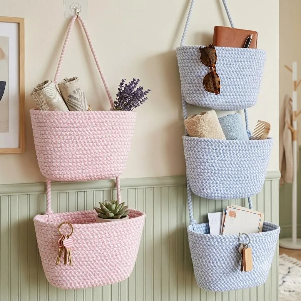 3/2-Tier Rope Hanging Storage Basket Wall Mount Organizer Handwoven Wall Hanging Basket For Bathroom Bedroom Door Magazine