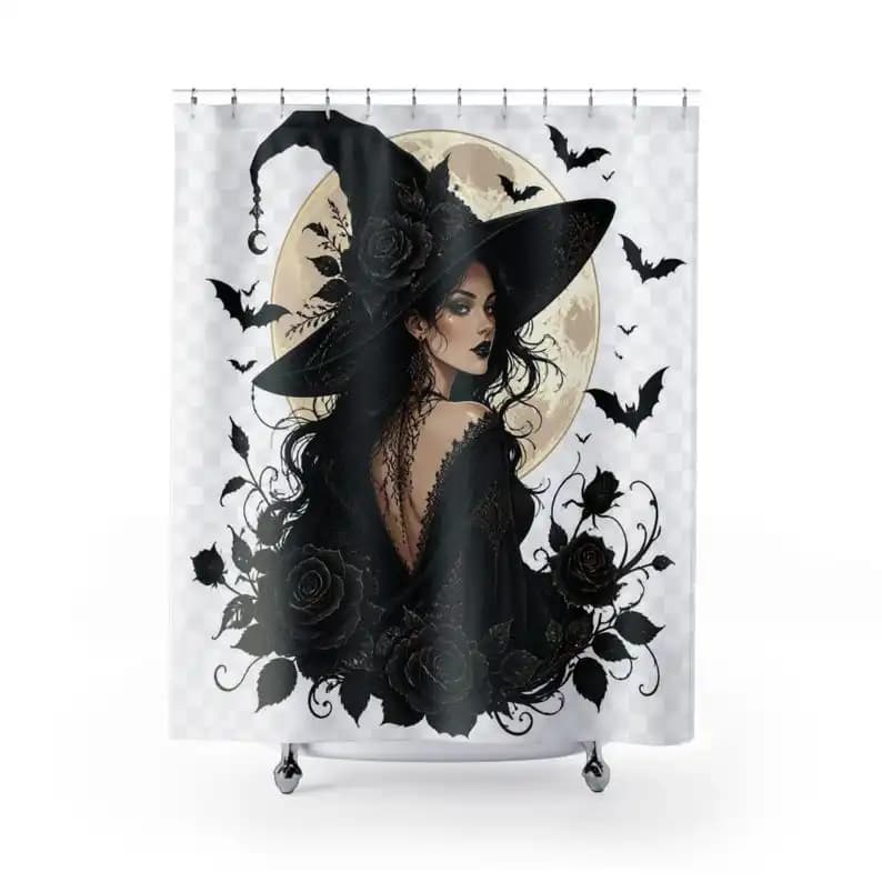 Shower Curtains Black Witch and Moon Halloween Bathroom Decor