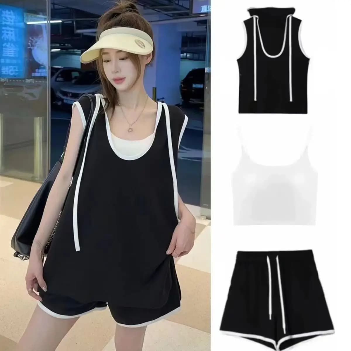 Completo Sportivo Estivo da Donna: Set Casual Trendy a Tre Pezzi con Gilet, Pantaloncini e Top, Taglie Forti, Effetto Ringiovanente