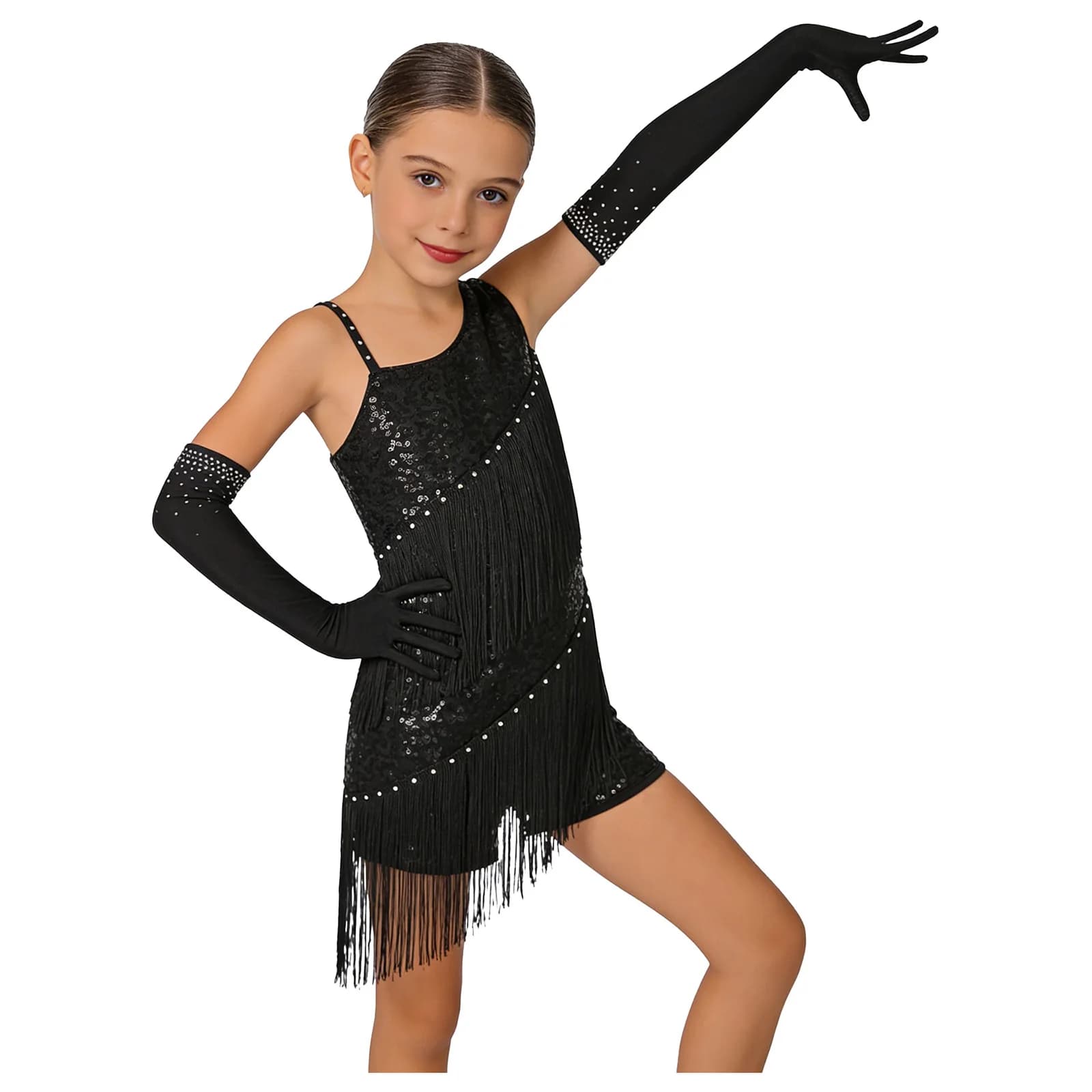 Children Girls Latin Jazz Dance Cha-cha Costume Tassel Leotard Dress with Mesh Gloves Tango Rumba Samba Ballroom Salsa Dancewear