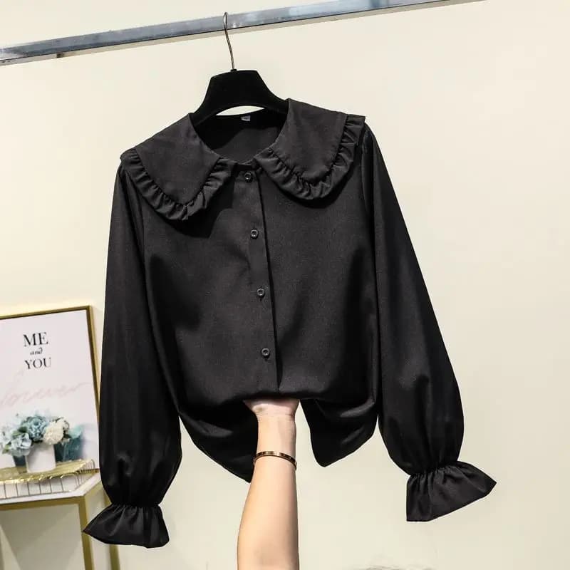 Primavera Autunno Nuova camicia nera con collo a bambola Top tinta unita manica lunga ampia camicetta per giovani tutto-fiammifero dolce moda abbigliamento donna