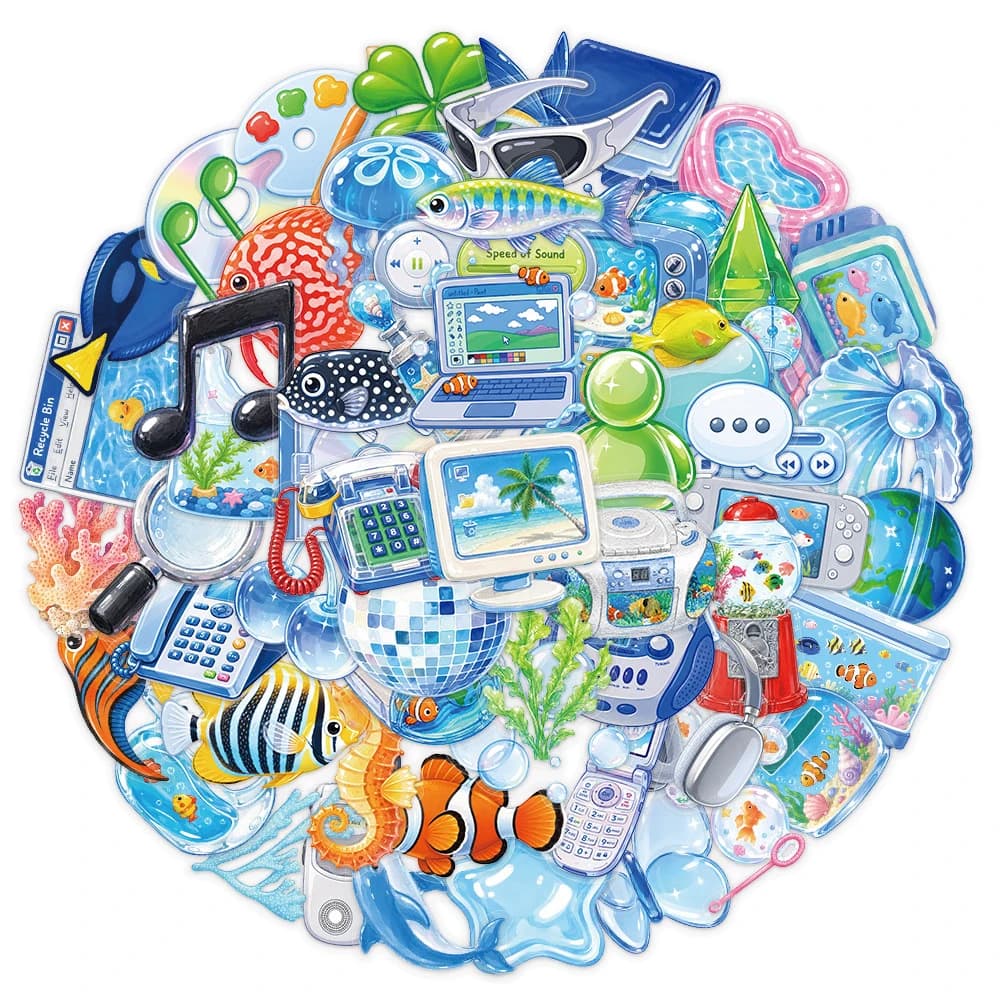 10/30/60pcs Frutiger Aero Aesthetic Stickers Blue Y2K Art Graffiti Decals DIY Luggage Scrapbook Journal Transparent Sticker Pack