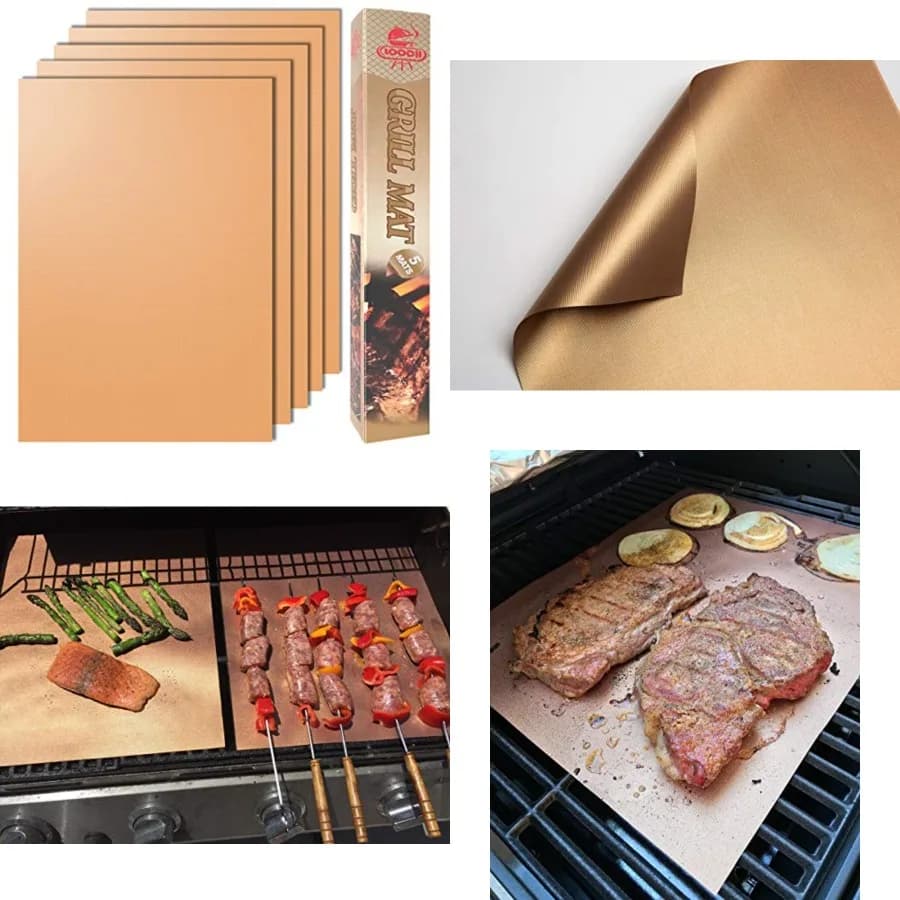 Copper Grill Mat Set of 5 - Non-Stick BBQ Outdoor Grill Baking Mats - Reusable and Easy to Clean - Works on Gas, Charcoal, Elec