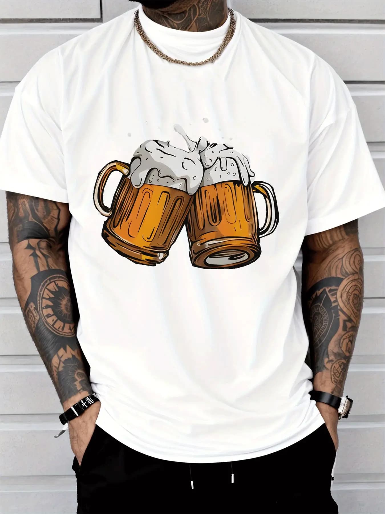 Beer Mugs Cheers Clink Toast Mens Front Print T Shirt Foamy Beer Cartoon Graphic Tee Casual Short Sleeve Top Beer Lover Gift