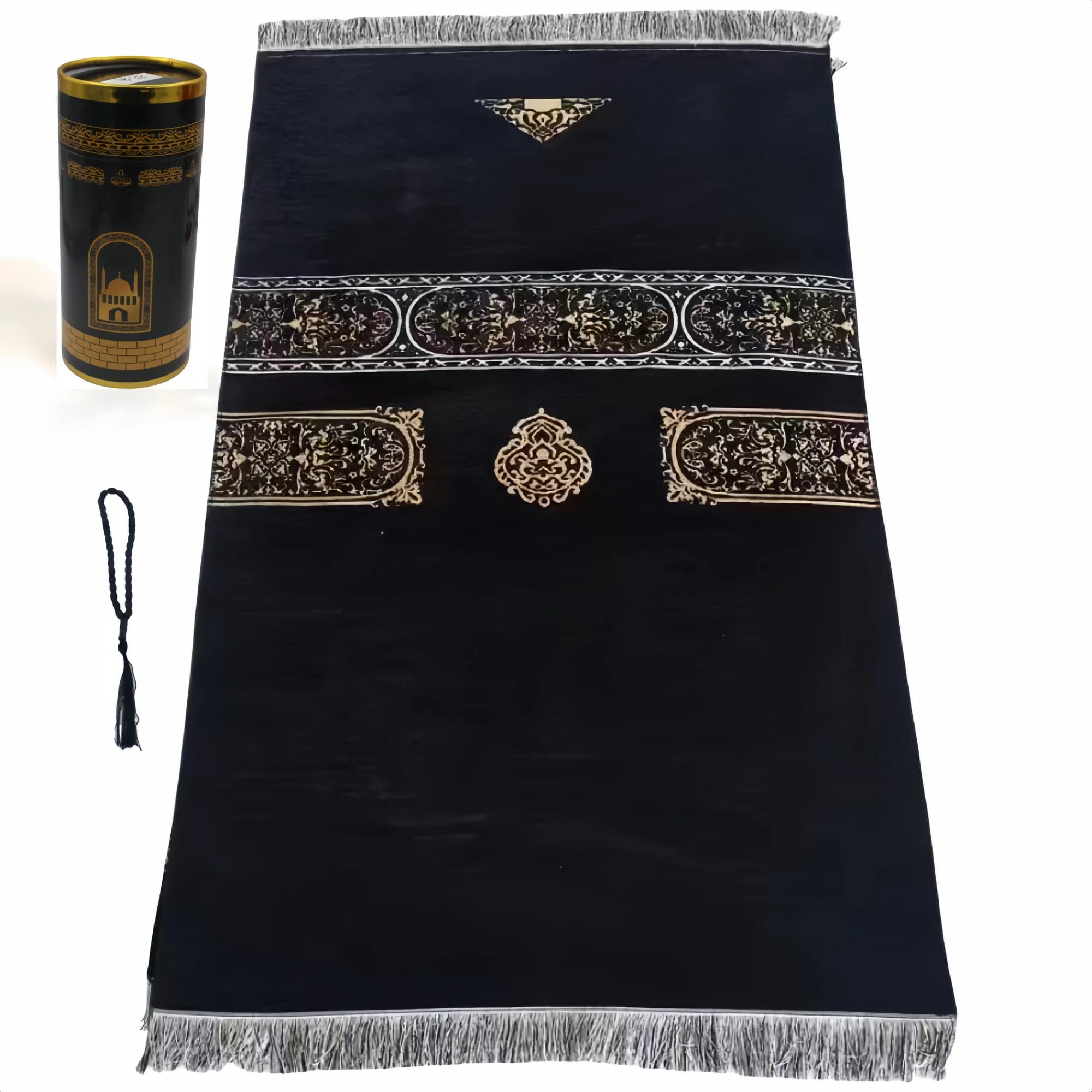 Tappeto da preghiera musulmano e perline di preghiera con confezione regalo cilindrica dal design elegante Set di regali islamici morbidi Tappetino nero