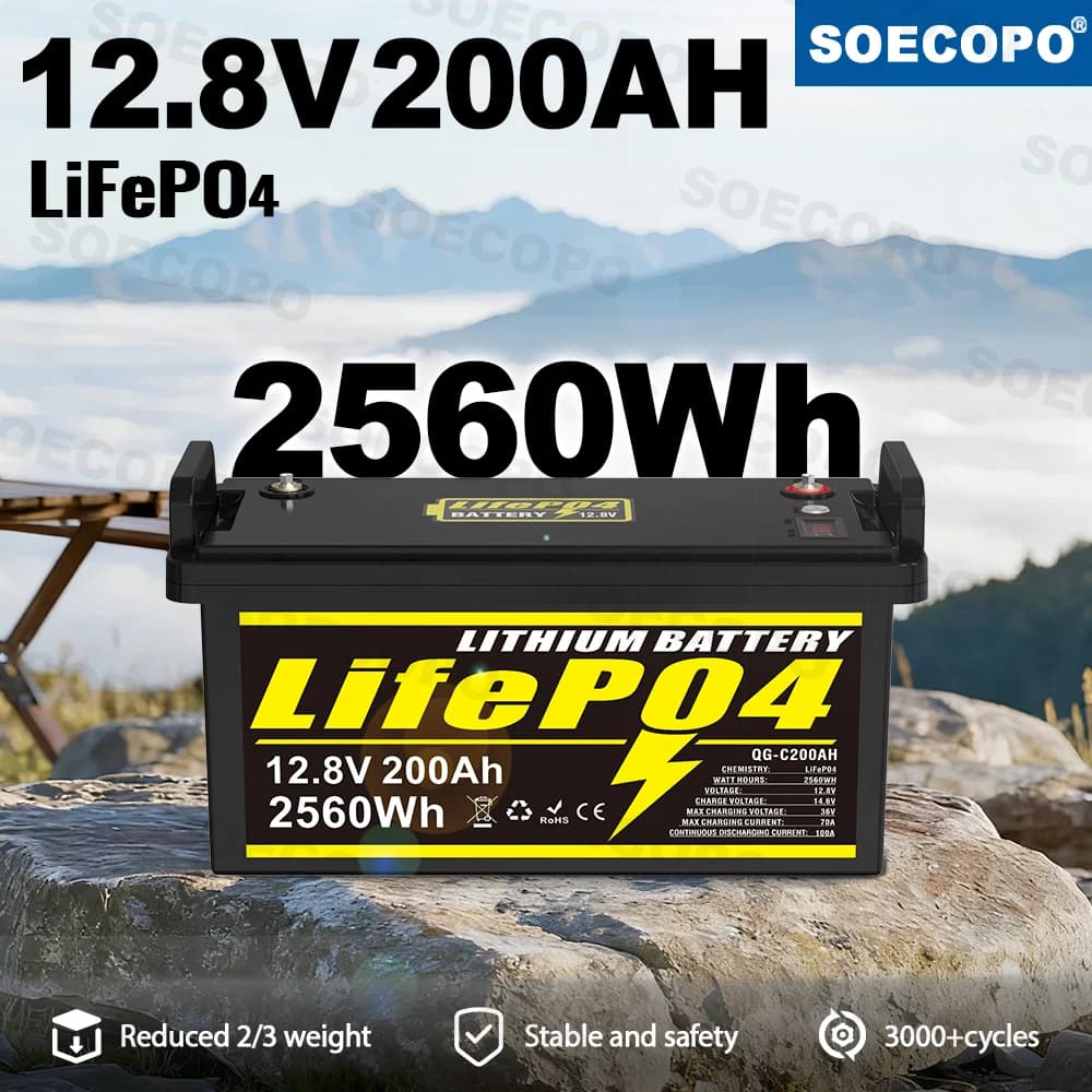 SOECOPO 12.8V 200Ah LiFePO4 Batteria ricaricabile da 2560Wh Accumulo di energia a ciclo profondo per kit pannello solare RV Camping Off-Grid