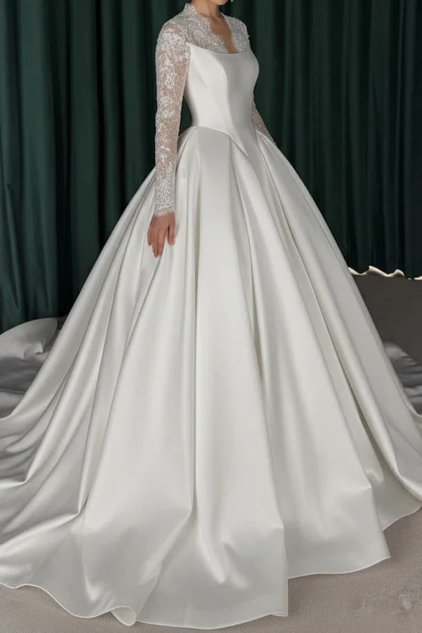 Elegant Long Sleeve Lace Satin Ball Gown Wedding Dress High Neck Button Back Chapel Train Bridal Gown Custom Size For Bridal
