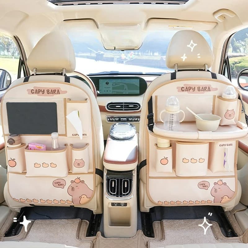 Car Trash Bin Cute Cartoon Multifunctional Car Storage Hanging Bag Foldable Storage Box Anti-kick Mat Can