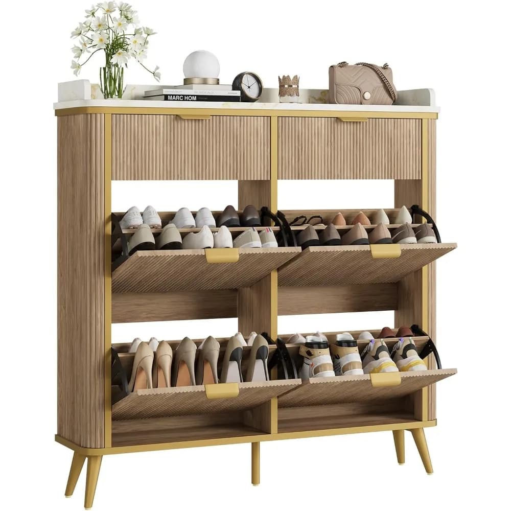 Scarpiera con 4 cassetti ribaltabili e 2 cassetti, organizer per scarpe nascosto indipendente con ripiani regolabili, legno