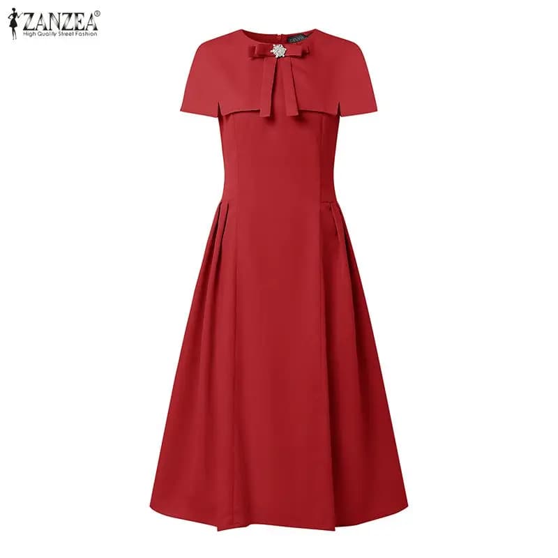 2026 ZANZEA Elegant Women's Day Dress, Estivo Dress Elegant Workwear with Flakes, Midi Dress with Neckline O, Court Sleeves and Folds