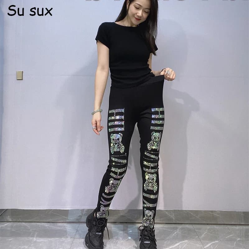 Sequins Cartoon Bear High Waist Tights Black Pants For Woman Casual High Elastic Slim Pant Vestidos Leggings Streetwear 2026