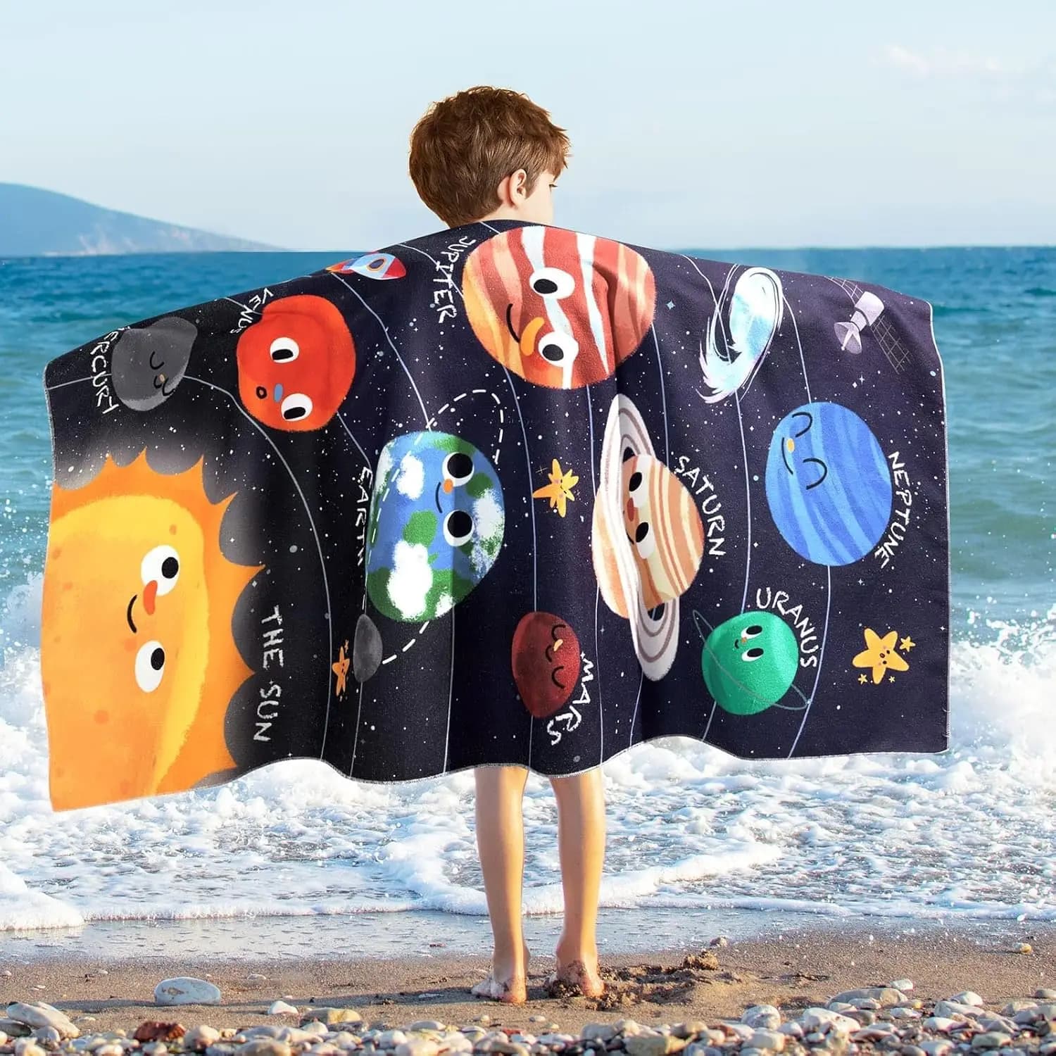 Planet Space Beach Towel for Boys, Cool Solar System Art Quick-Dry Sand-Free Microfiber Bath Towel for Kids Pool and Travel