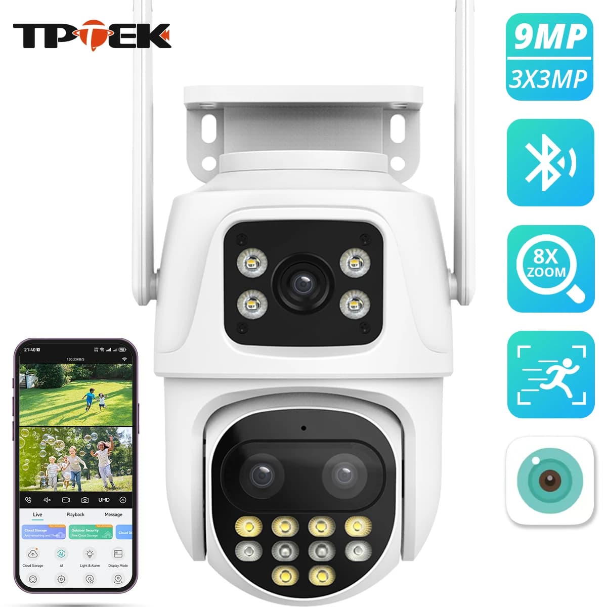 9 MP WIFI IP camera Three-seat double screen with 8X zoom 6 MP PTZ camera To security camera with iCSee automatic tracking