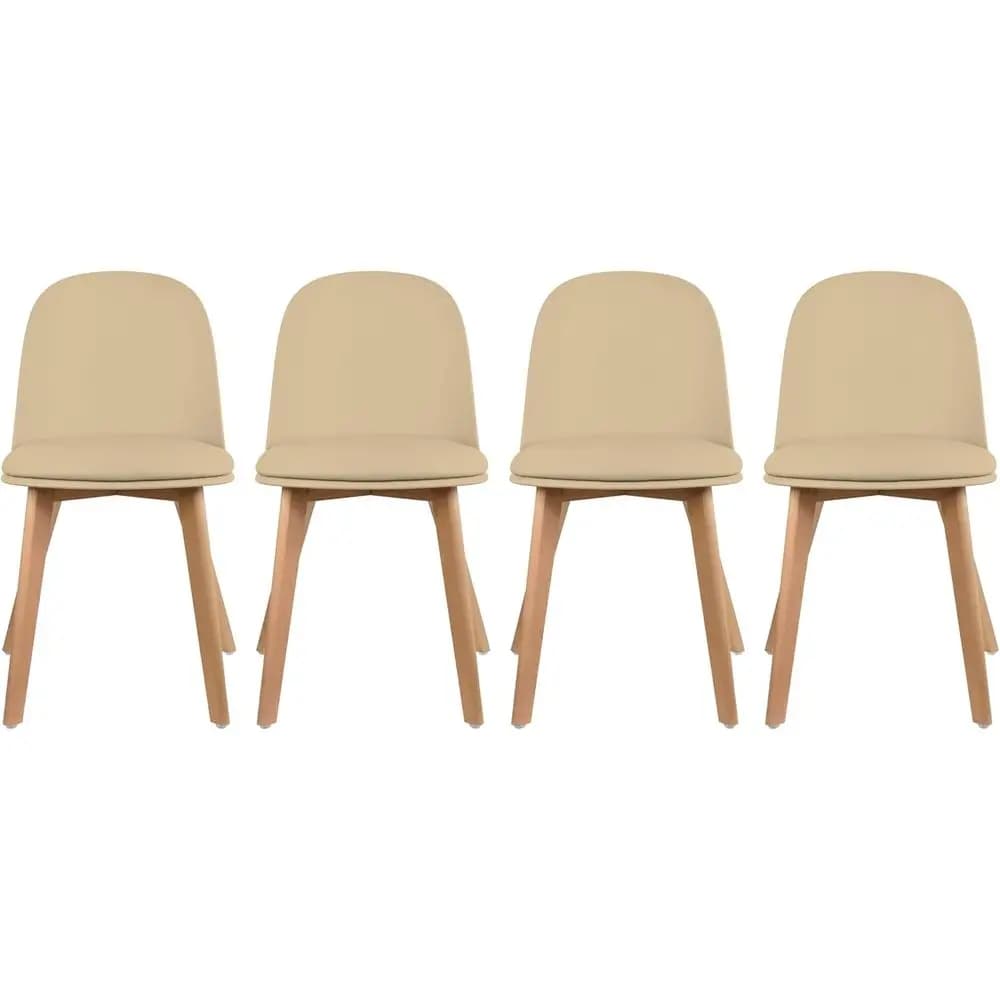 4 Sedie da Pranzo Ergonomiche: Scocca in Plastica con Cuscino in Pelle PU, Gambe in Legno, Adatte per Interni ed Esterni, Beige
