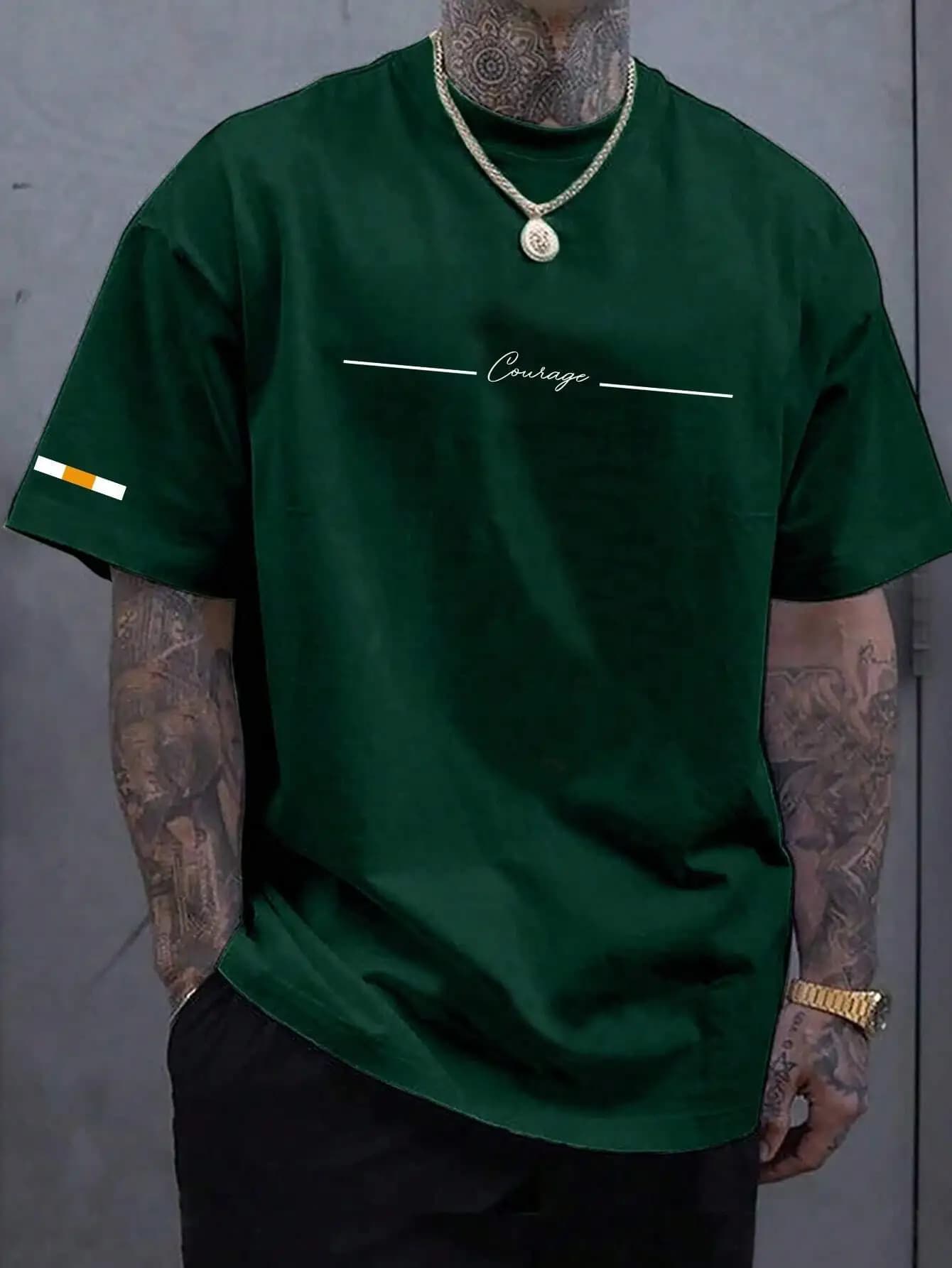 Men's casual dark green t-shirt with short sleeves with 'Courage' print