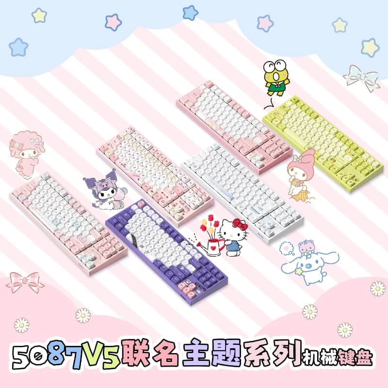 Sanrio RGB Tri-Mode Mechanical Keyboard Bluetooth Wireless Wired Hot Swappable Keyboard for PC Office Gaming Laptop Desktop