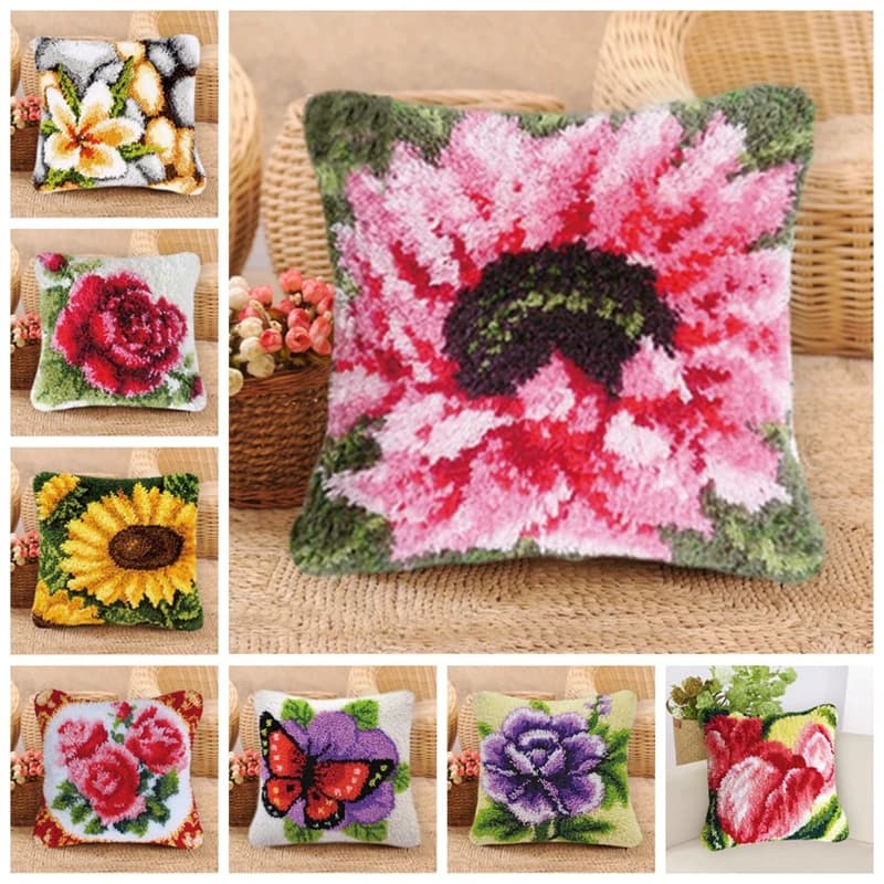 Fiore Erba Serie di piante Gancio di chiusura Cuscino da ricamo Punto annodato Kit da ricamo fai-da-te Kit per tappeti con gancio di chiusura per tappeti lavorati a mano