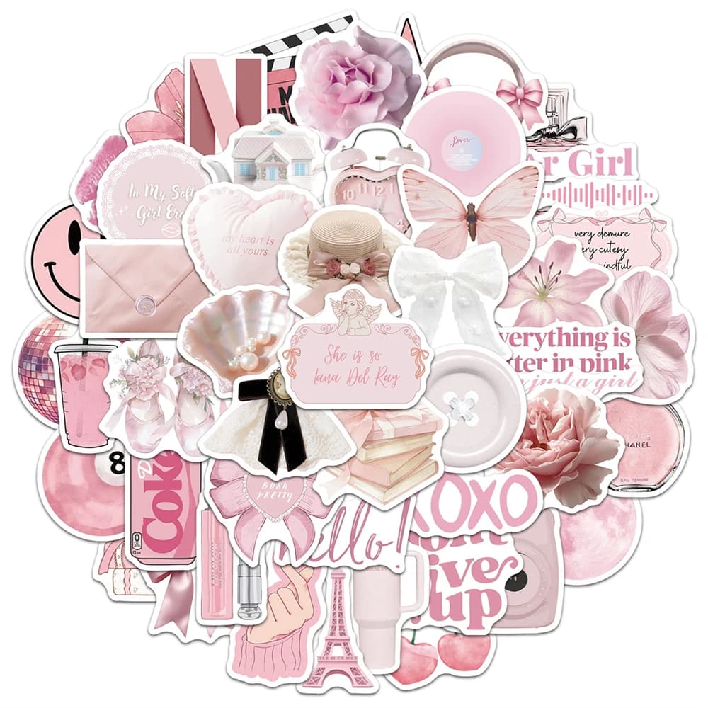 10/25/50Pcs Pink Ins Coquette Aesthetic Graffiti Stickers Cute Bow Flower Vinyl Decals DIY Decor for Water Bottle Phone Laptop