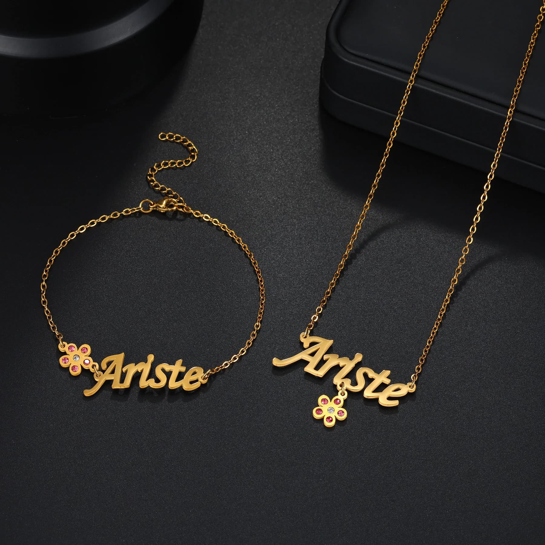 Customized Name Necklace Bracelet Jewelry Sets with Pink Rhinestone Flower Charm Stainless Steel Set Women Kids Birthday Gift