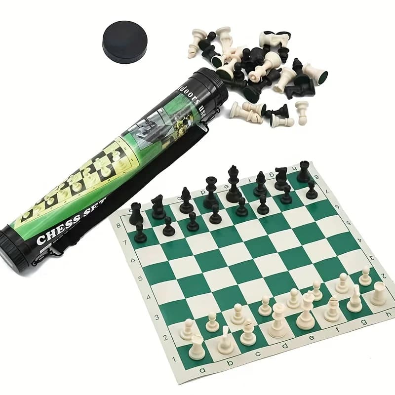 Set di scacchi portatile da viaggio all'aperto Scacchiera pieghevole a botte Pezzi degli scacchi in plastica Giochi da tavolo per famiglie Set di scacchi per bambini