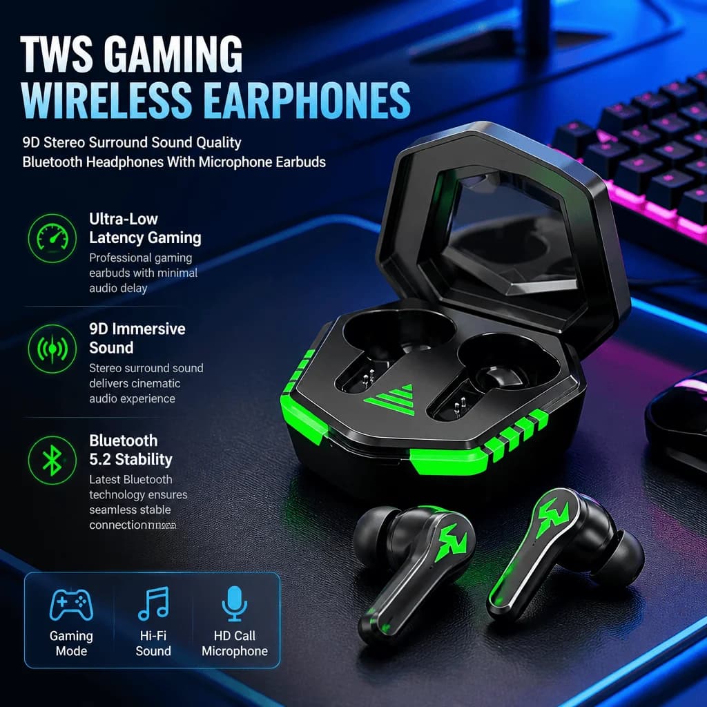 Pro TWS Gaming Earbuds Bluetooth 5.2 Low Latency 9D Stereo Sound Wireless Headset 8H Battery Life With Mic For Mobile Game