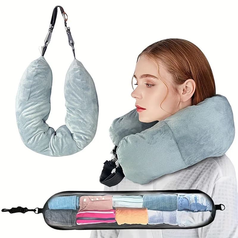 Travel Pillow With Storage Pouch, Adjustable Polyester Neck Support, Comfortable & Lightweight