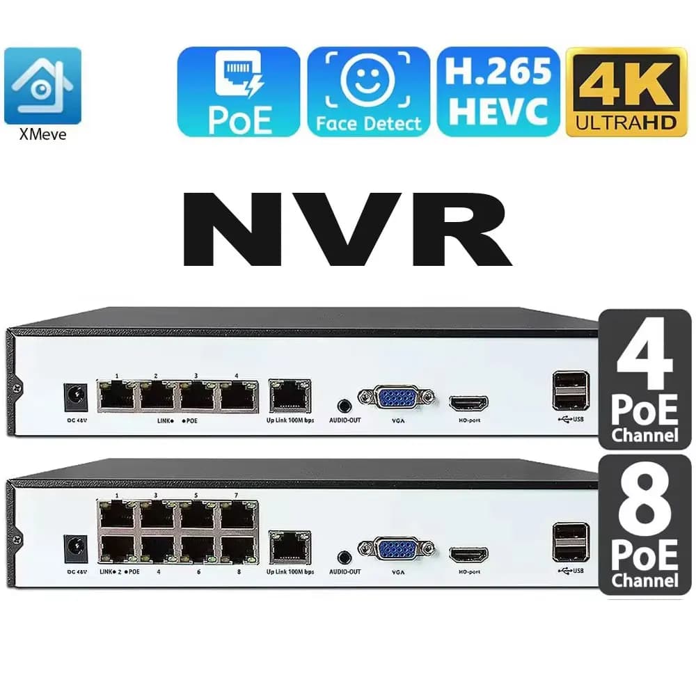 4CH 8CH 48v POE 4K NVR Onvif H.265 Audio Out Videoregistratore di rete di sorveglianza di sicurezza per telecamera IP POE 4K 8MP 4MP 5MP 1080P