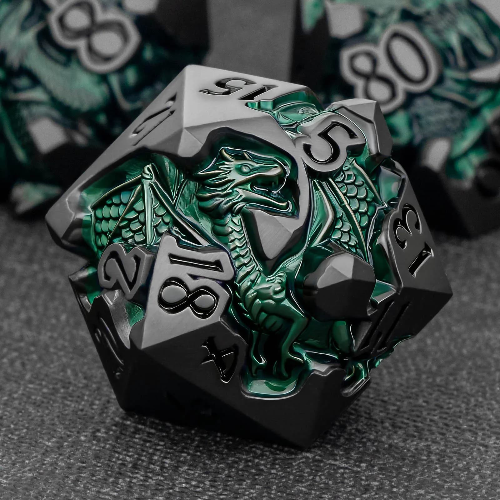 DND Dragon Dice Set for Role Playing Game, Green Metal D&D Dice Set Dungeons and Dragons, Polyhedral Dice D20 D12 D10 D8 D6 D4