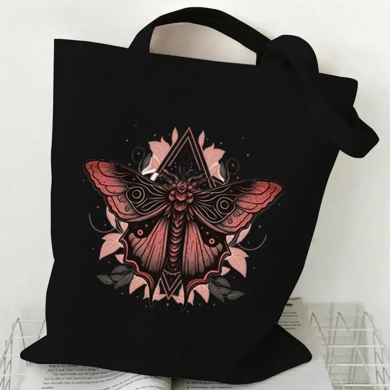 Borsa tote in tela Gothic Moth da donna, borsa a tracolla estetica scura riutilizzabile, regali unici, borsa tote casual boho versatile