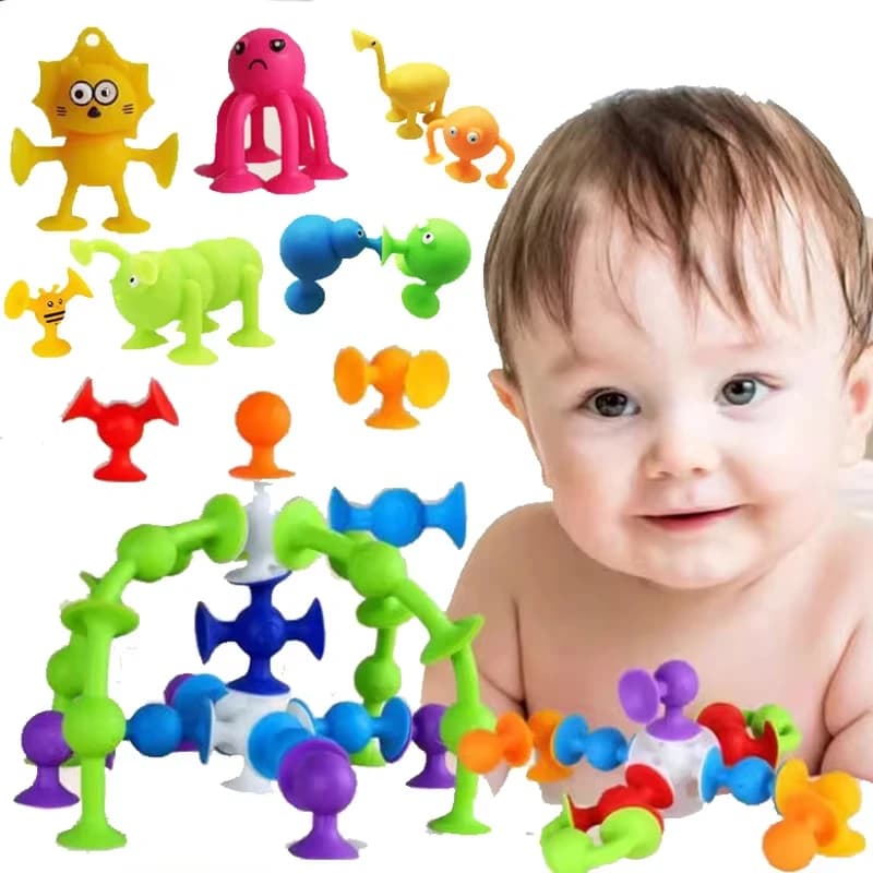 Ventose Giocattolo per bambini Pezzi in silicone Giochi Costruisci blocco Ventosa Giocattolo da bagno Sensoriale Fidget Ventosa Giocattolo per bambini da 2 a 4 anni