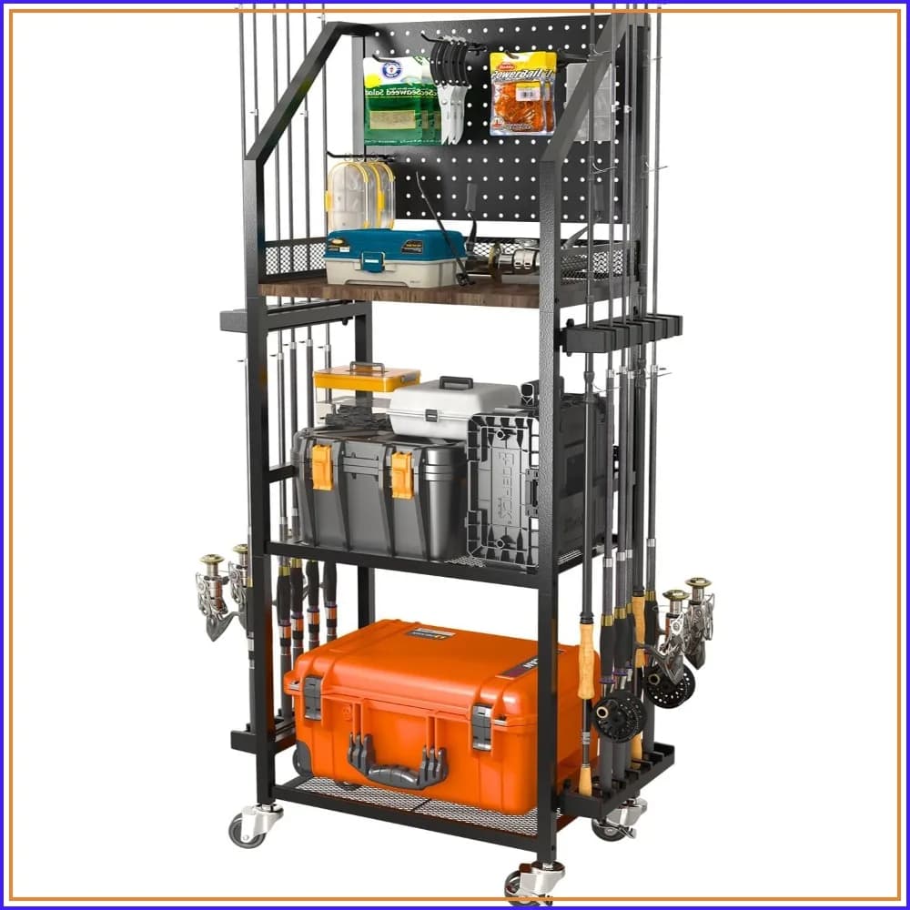 Fishing Rod Holder for Garage, Holds 12 Rods with Pegboard & Hooks, Rolling Cart with Wheels, Storage for Tackle Box & Reel