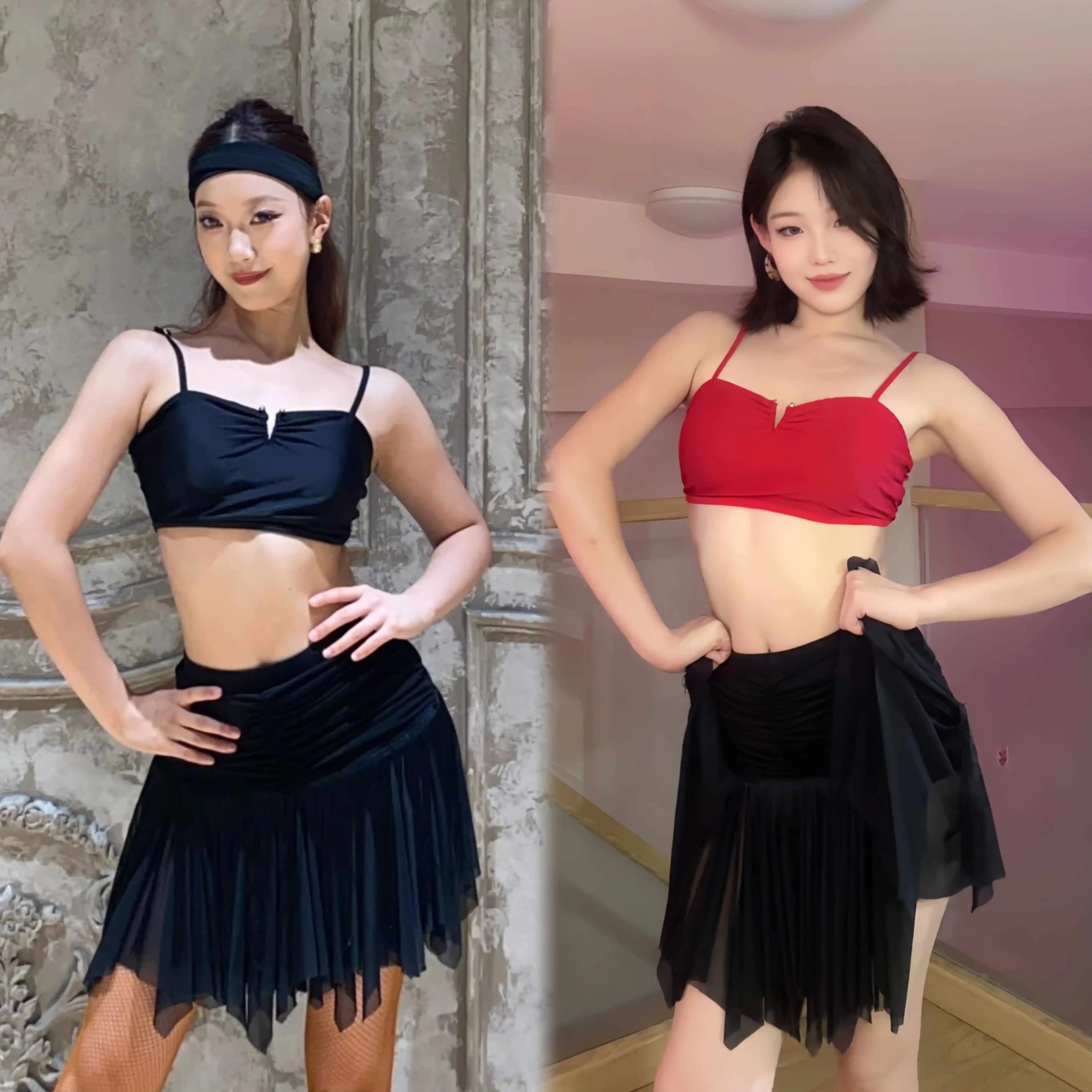 Abbigliamento per la pratica della danza latina Donna Top corto Gonna nera Sexy Rumba Samba Abiti da ballo Club Jive Salsa Dance Wear DNV24733