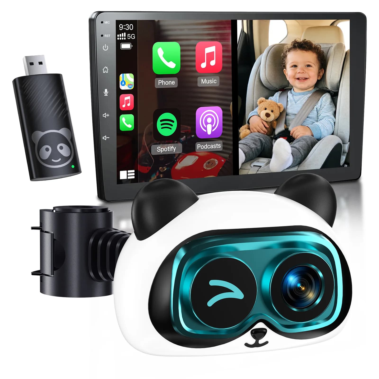 Cabin Care 2in1 Wireless CarPlay Adapter 1080P Baby Car Camera 122° Wide Angle Night Vision Split Screen Backseat Infant Monitor