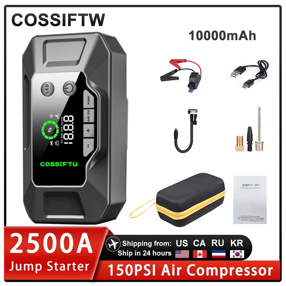 Avviatore di Emergenza per Auto con Power Bank 2500A 10000mAh, Caricabatterie per Auto, Dispositivo di Avviamento d'Emergenza con Pompa d'Aria
