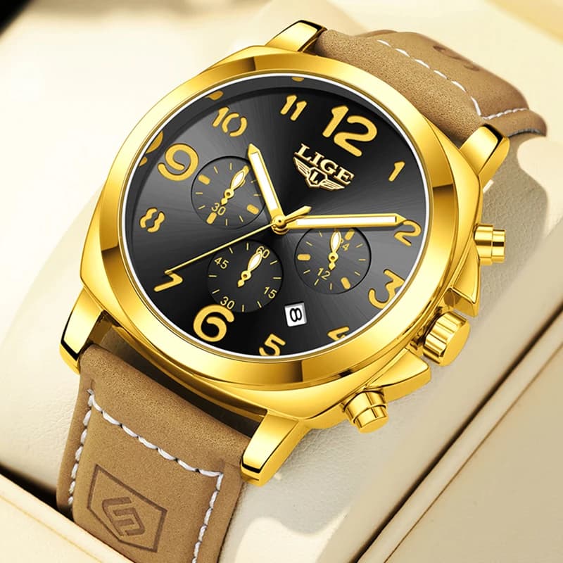 Orologio da Polso LIGE da Uomo con Quadrante Grande Dorato, Cinturino in Pelle Marrone, Sportivo, Impermeabile, al Quarzo, Casual, Luminoso, con Data e Cronografo