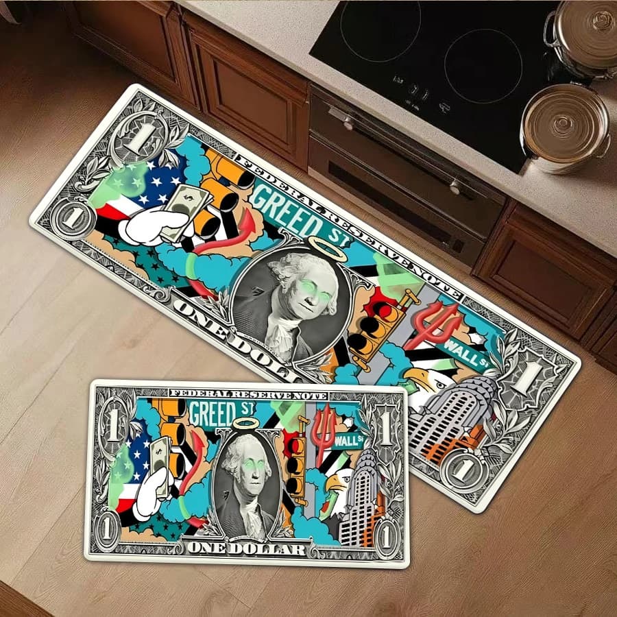 1/2/3Pcs Flannel Kitchen Mat—Dollar Bill Area Rug Flannel Floor Mat Modern Pop Art Carpet Graffiti Money Pattern Decor Rug For Living Room Bedroom Kitchen Anti-Slip Bath Mat—Soft,Comfortable,Suitable For Bathroom,Bedroom,Kitchen,Laundry Room