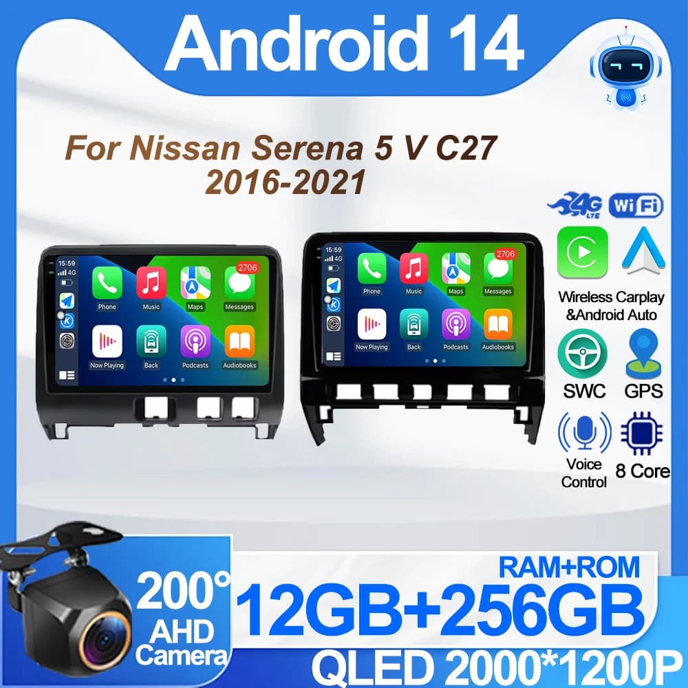 Andriod 14 Autoradio Stereo per Nissan Serena 5 V C27 2016 - 2021 Navigazione Carplay QLED GPS 4G WIFI Multimediale 2 Din Stereo BT
