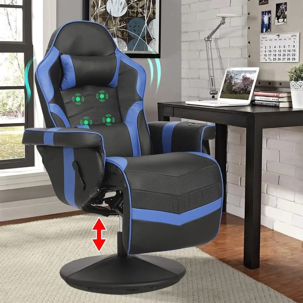 Sedia da Gaming Reclinabile, Poltrona da Gaming con Massaggio per Adulti, Reclinatore da Gioco in Pelle PU con Schienale Alto e Altezza Regolabile, Sedia Girevole da Gioco