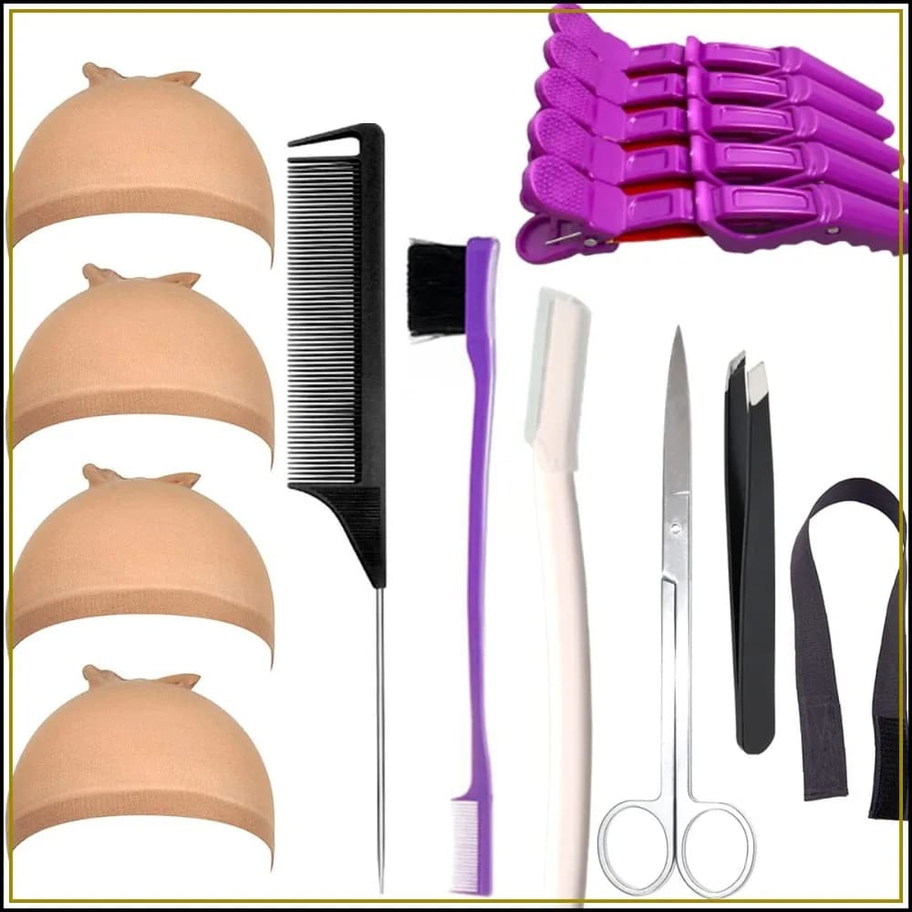 7Pcs Wig Kit for Beginners: Lace Melting Band, Edge Scarf, Wig Caps, Eyebrow Razors, Tweezers, Edge Brush, Grip Headband, Mini Scissors