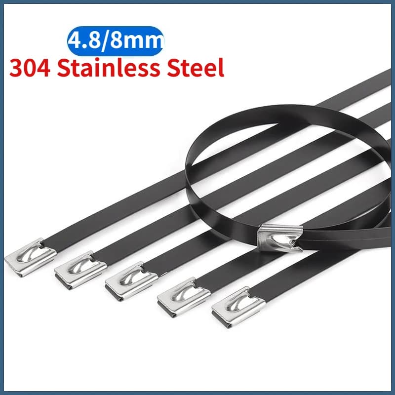 Beicai 20/100pcs 4.8mm/8mm 304 Stainless Steel Metal Black Cable Ties Coated Locking Zip Ties Wire Ties For Exhaust Pipe Binding