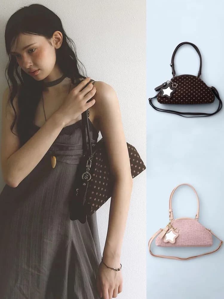 Borsa a Spalla da Donna BadBlue con Motivo a Pois e Stelle, Borsa a Mano Sottobraccio in Morbido Nylon, Stile Coreano