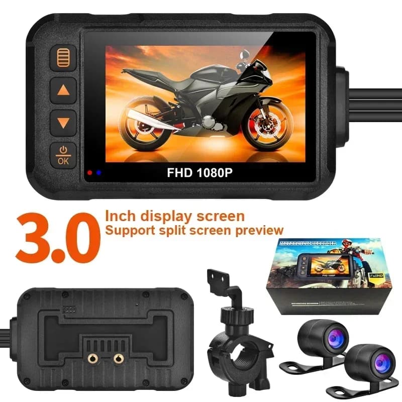 DVR Video Recorder for Moto HD 1080P/720P with 3 Inch Monitor, Front Camera and Rear, Waterproof Video Recorder and Accessories