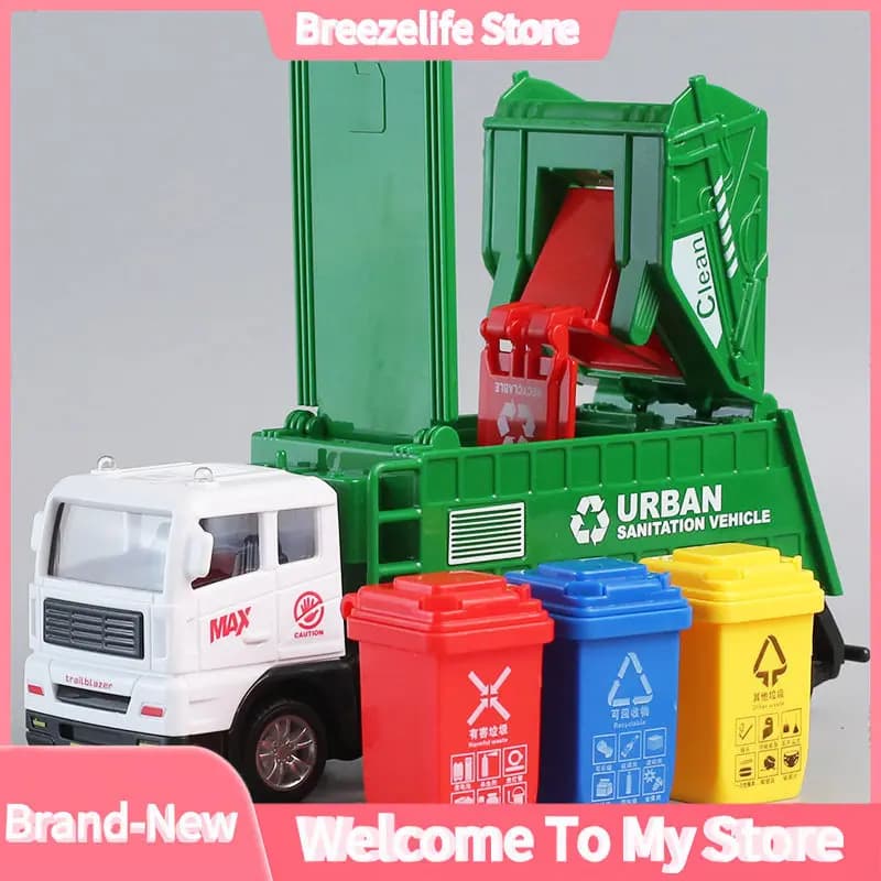 Modellino di veicolo per la raccolta rifiuti con classificazione dei rifiuti simulata, auto a inerzia per bambini con coperchio apribile, modello di veicolo per il trasporto urbano