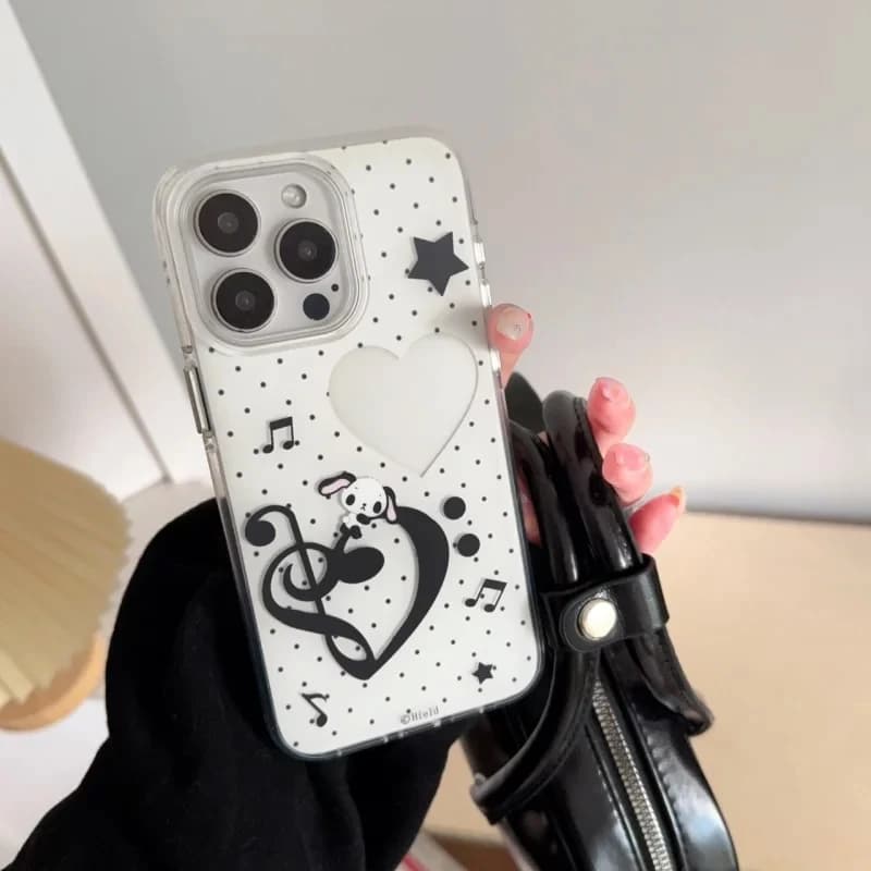 Ins Y2k black white polka dot with stars and musical notes, kawaii style, for iPhone 17 16 15 14 11 13 Pro XR XS Max