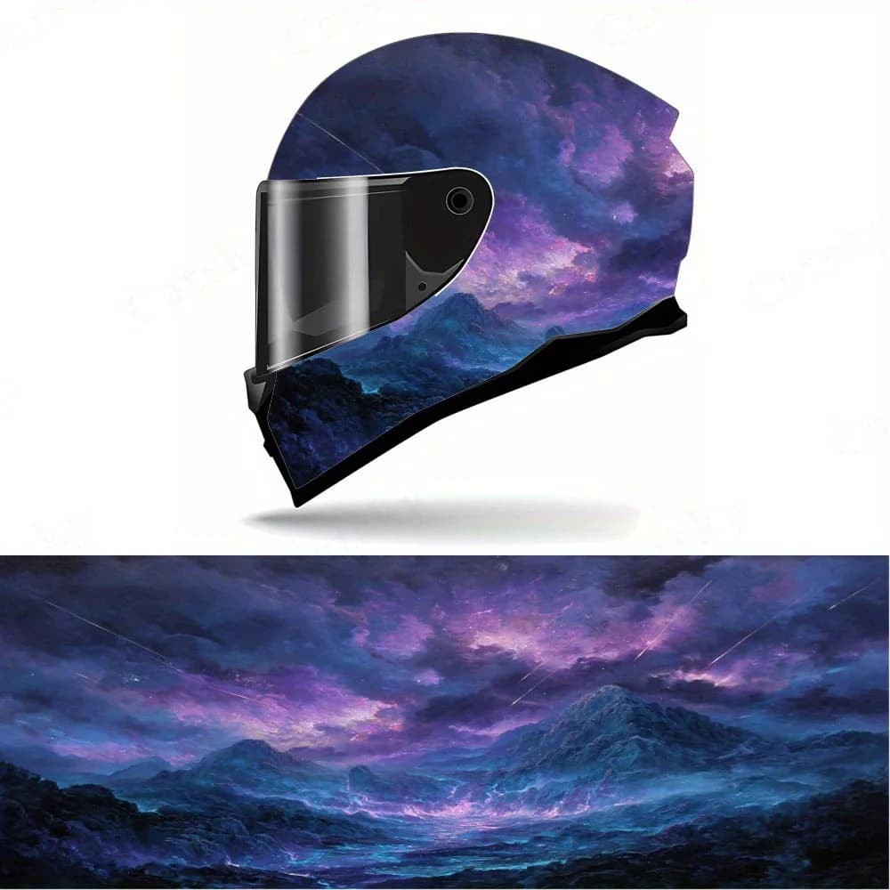Decalcomanie per casco integrale Purple Mountains and Starry Sky - PVC resistente e impermeabile, casco da corsa per moto autoadesivo Aes